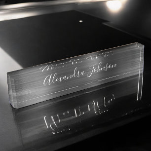 Custom Logo Elegant Black White Desk Name Plate
