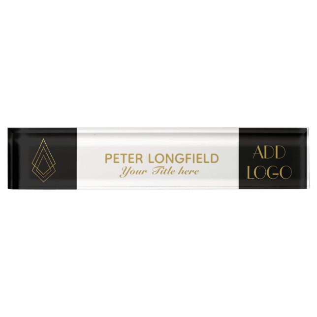 Custom Logo Elegant Black White Desk Nameplate (Front)
