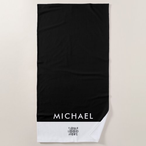 Custom Logo Elegant Black White Personalized Name Beach Towel