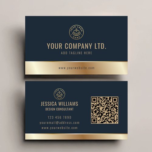 Custom Logo Elegant Blue Gold QR Code Business Card