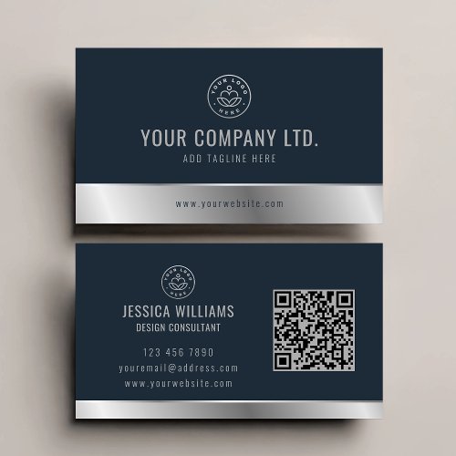 Custom Logo Elegant Blue Silver QR Code Business Card