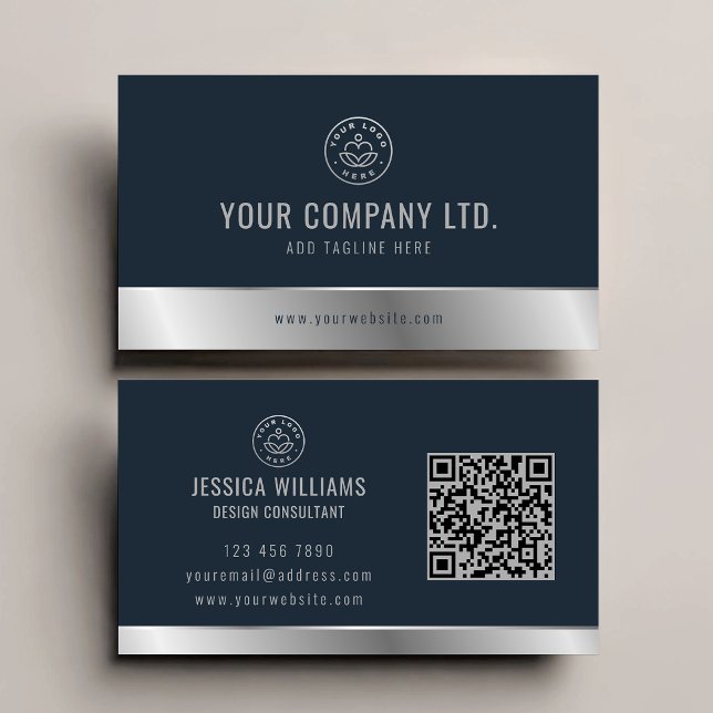 Custom Logo Elegant Blue Silver QR Code Business Card (Creator Uploaded)