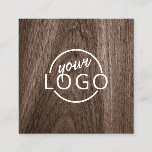 Custom logo elegant brown wood grain square business card (Front)
