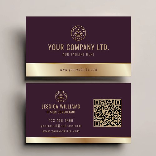 Custom Logo Elegant Burgundy Gold QR Code Business Card