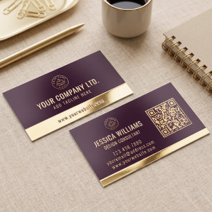Custom Logo Elegant Burgundy Gold QR Code Foil Business Cards