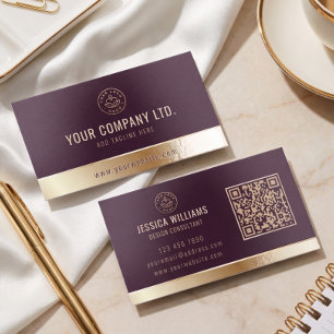Custom Logo Elegant Burgundy Gold QR Code Raised Spot UV Business Card