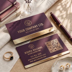 Custom Logo Elegant Burgundy Gold QR Code Raised Spot UV Business Card