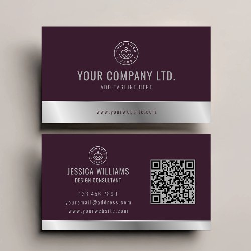 Custom Logo Elegant Burgundy Silver QR Code Business Card