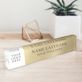 Custom Logo Elegant Classy Business Faux Gold Desk Name Plate by pinkpinetree at Zazzle