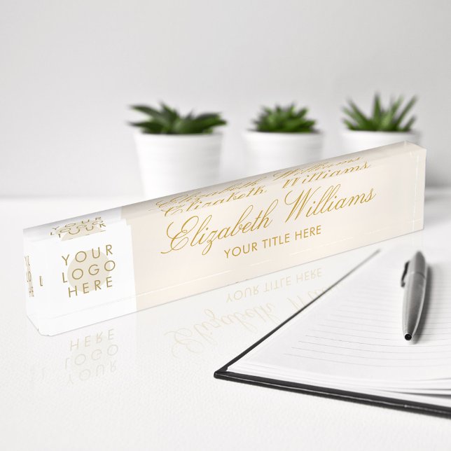 Custom Logo Elegant Classy Faux Gold Cream Beige Desk Name Plate (Creator Uploaded)