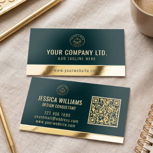 Custom Logo Elegant Emerald Gold QR Code Foil Business Cards