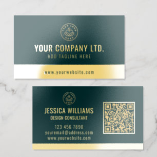 Custom Logo Elegant Emerald Gold QR Code Foil Business Cards