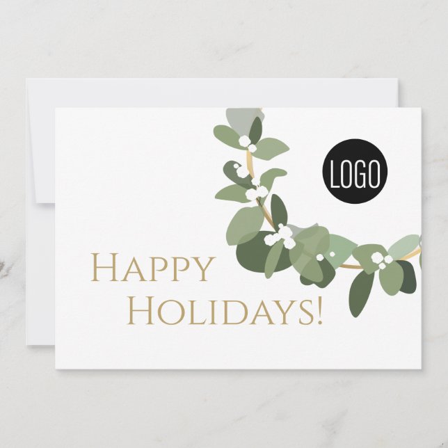 Custom logo Elegant Eucalyptus wreath green gold Holiday Card (Front)