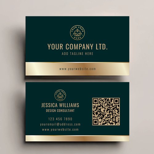 Custom Logo Elegant Green Gold QR Code Business Card