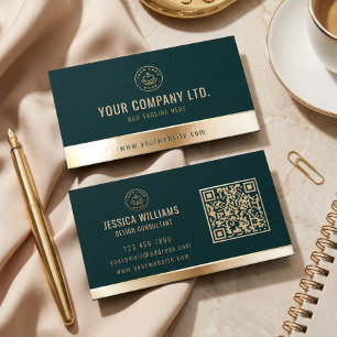 Custom Logo Elegant Green Gold QR Code Raised Spot UV Business Card