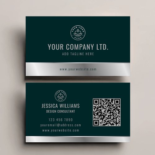 Custom Logo Elegant Green Silver QR Code Business Card