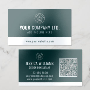 Custom Logo Elegant Green Silver QR Code Foil Business Cards