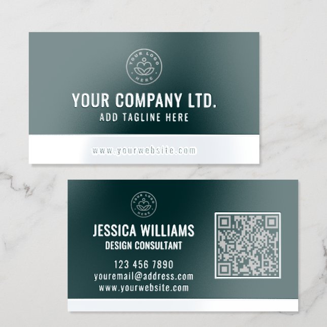 Custom Logo Elegant Green Silver QR Code Foil Business Cards (Front & Back)