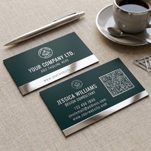 Custom Logo Elegant Green Silver QR Code Foil Business Cards