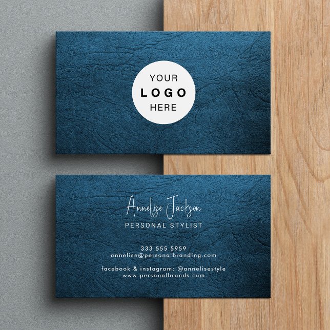 Custom logo elegant luxury blue leather  business card (Creator Uploaded)