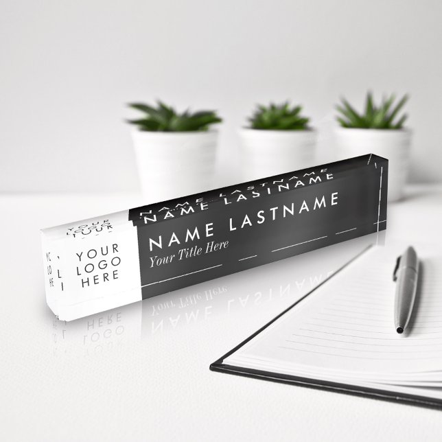 Custom Logo Elegant Minimalist Black White Acrylic Desk Name Plate (Creator Uploaded)