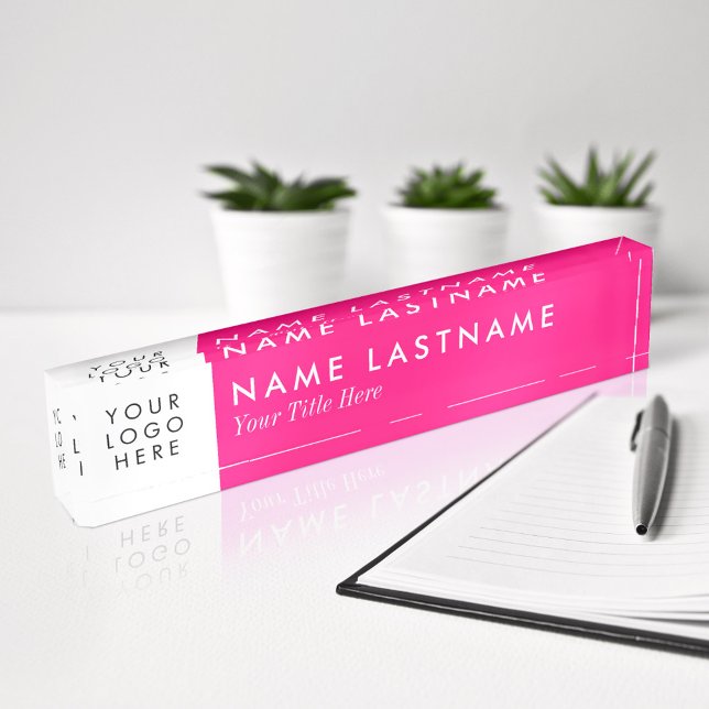 Custom Logo Elegant Minimalist Bright Pink Acrylic Desk Name Plate (Creator Uploaded)