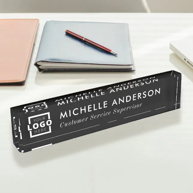 Custom Logo Elegant Modern Minimalist Black White Desk Name Plate | Zazzle