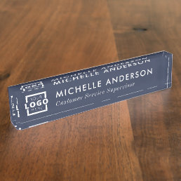 Custom Logo Elegant Modern Minimalist Blue White Desk Name Plate