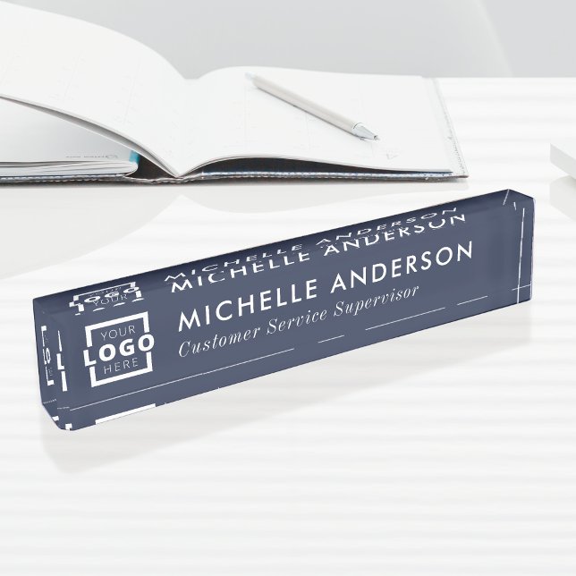 Custom Logo Elegant Modern Minimalist Blue White Desk Name Plate (Creator Uploaded)