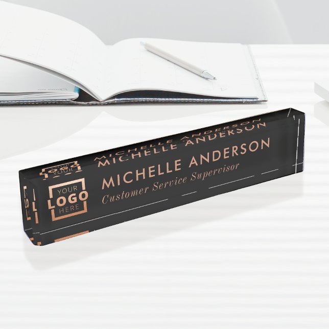 Custom Logo Elegant Modern Minimalist Copper Black Desk Name Plate (Creator Uploaded)