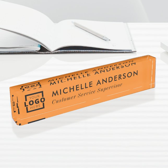 Custom Logo Elegant Modern Minimalist Orange Black Desk Name Plate (Creator Uploaded)