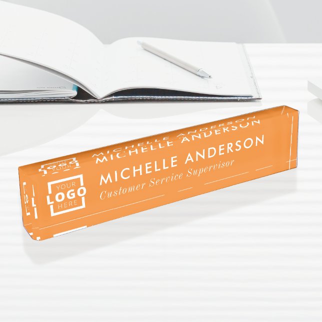 Custom Logo Elegant Modern Minimalist Orange White Desk Name Plate (Creator Uploaded)