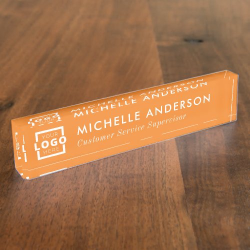 Custom Logo Elegant Modern Minimalist Orange White Desk Name Plate