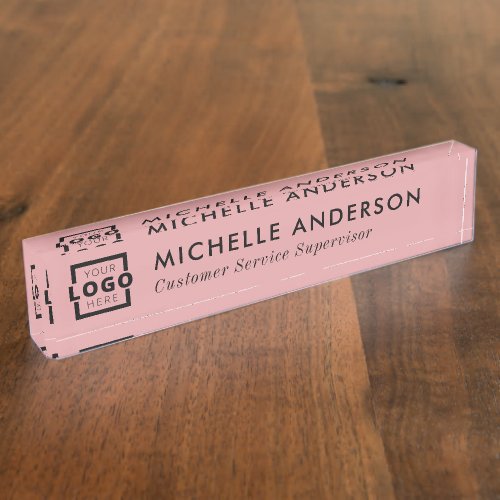 Custom Logo Elegant Modern Minimalist Pink Black Desk Name Plate