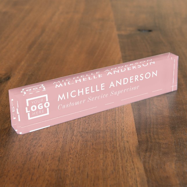 Custom Logo Elegant Modern Minimalist Pink White Desk Name Plate (Side)