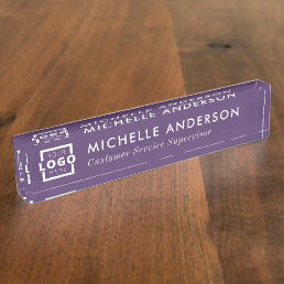 Custom Logo Elegant Modern Minimalist Purple White Desk Name Plate