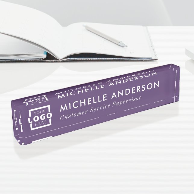 Custom Logo Elegant Modern Minimalist Purple White Desk Name Plate (Creator Uploaded)