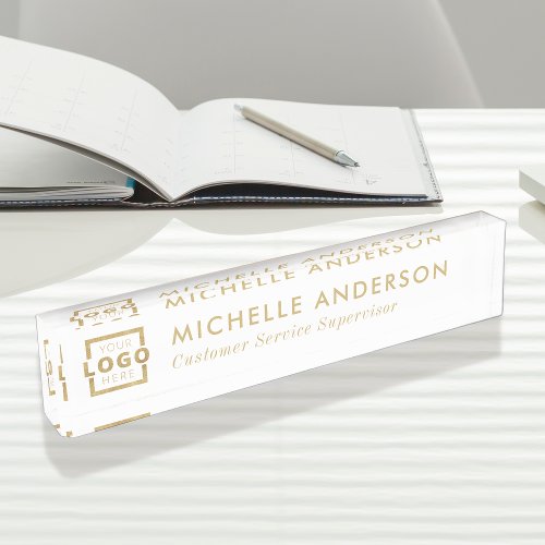 Custom Logo Elegant Modern Minimalist White Gold Desk Name Plate