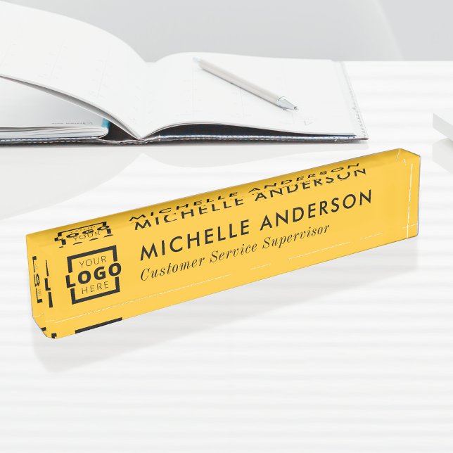 Custom Logo Elegant Modern Minimalist Yellow Black Desk Name Plate (Creator Uploaded)
