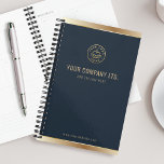 Custom Logo Elegant Navy Blue Gold Planner<br><div class="desc">Plan your business goals in style with this sophisticated custom planner design. A rich navy blue backdrop is beautifully accented with bold gold foil details,  creating a timeless and elegant aesthetic.</div>