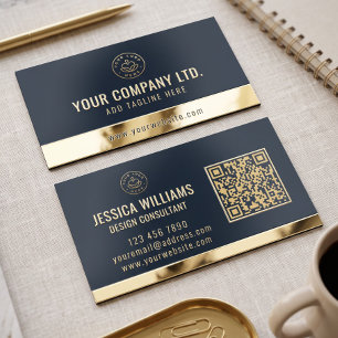 Custom Logo Elegant Navy Blue Gold QR Code Foil Business Cards