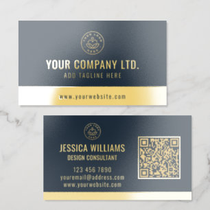 Custom Logo Elegant Navy Blue Gold QR Code Foil Business Cards