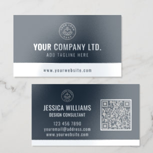 Custom Logo Elegant Navy Blue Silver QR Code Foil Business Cards