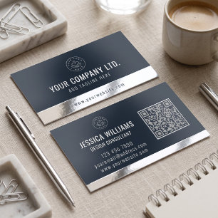 Custom Logo Elegant Navy Blue Silver QR Code Foil Business Cards