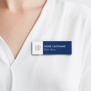 Custom Logo Elegant Navy Blue White Magnet Title Name Tag