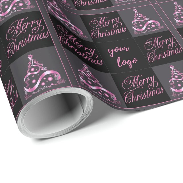 Custom Logo Elegant Pink Black Grey Christmas Wrapping Paper (Roll Corner)