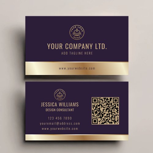 Custom Logo Elegant Purple Gold QR Code Business Card