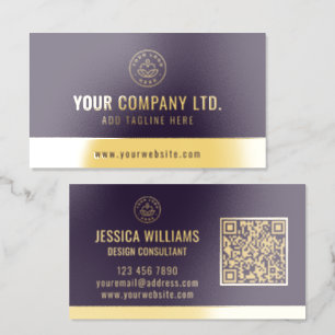 Custom Logo Elegant Purple Gold QR Code Foil Business Cards