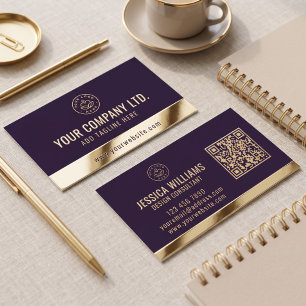 Custom Logo Elegant Purple Gold QR Code Foil Business Cards