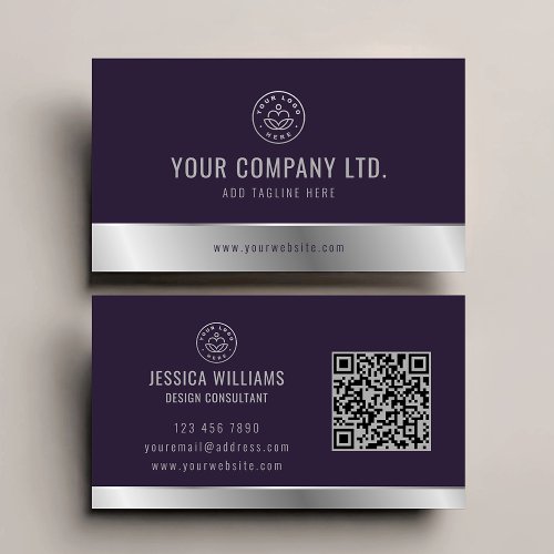 Custom Logo Elegant Purple Silver QR Code Business Card